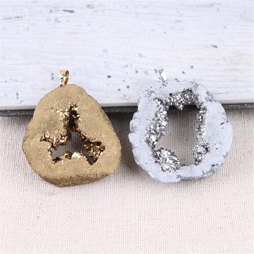 Natural Agates Crystal necklace pendants Crystal Pendant Hollow Agates Original Stone Plated Gold and Pendant