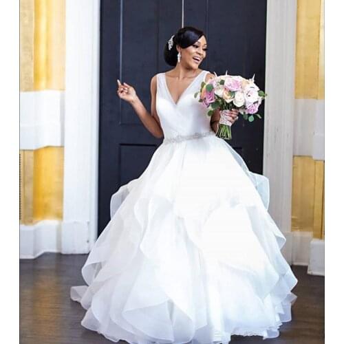 Simple A-Line V Neckline Beaded Belt Wedding Dresses 2021 Sweep Train South African Bridal Gowns