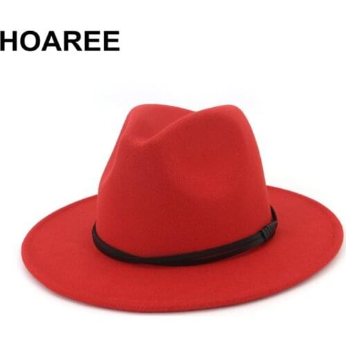 HOAREE Red Wool Panama Hat Women Fedora Hat Casual Wide Brim Tribby Hat Men with Belt Woolen Vintage Autumn Winter Sombrero