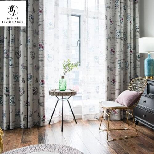 Pastoral Style Modern Black Silk Shade Printed Curtains for Living Dining Room Bedroom