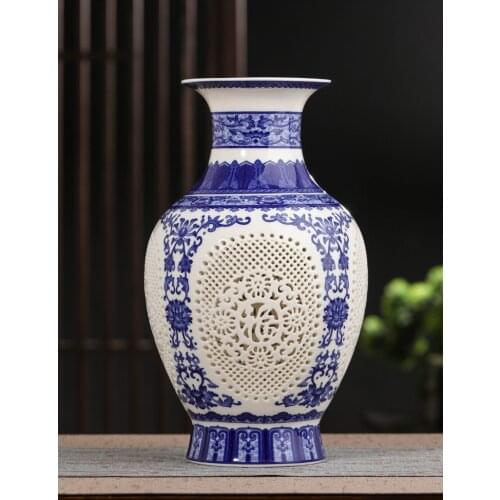 Jingdezhen Hollow Vase Ceramic Ornament Living Room Chinese Style Dry Flower Creative Blue And White Porcelain Vase Flower Craft