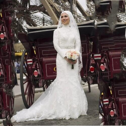 Vintage Lace Applique High-Neck Muslim Wedding Dresses Long Sleeve Sexy Mermaid Bridal Dress Refinement Beaded Wedding Gowns