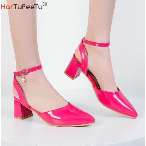 2021 New Summer Women Sandals Candy Colour Mary Jane Patent Leather Female Shoes Sweet Buckle Chunky Heels Footwear Size 34~50