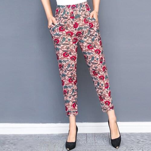 XXL-4XL Plus Size Casual Middle-aged Women Trousers 2021 Summer Ankle-Length Harem Pants Fashion Flower Print High Waist Pants
