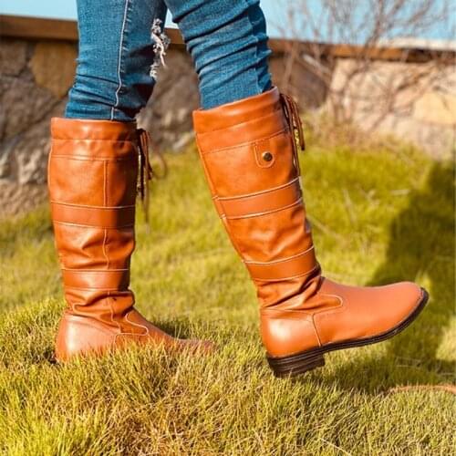 Women Knee High Boots Low Heels Booties Plus Size Gladiator Pu Leather Knight Shoes Woman