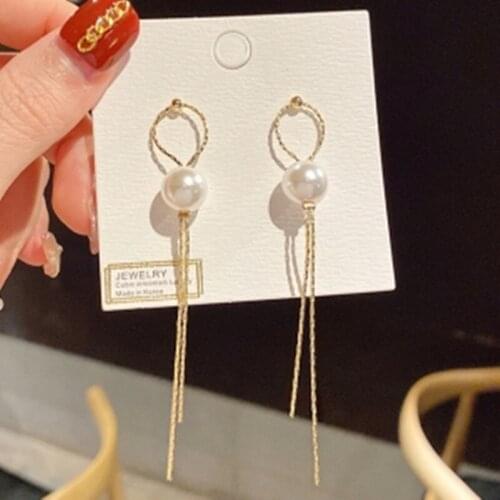 VSnow Luxury Simple Simulation Pearl Dangle Earring for Women Girls Temperament Gold Color Long Tassel Metallic Earring Jewelry