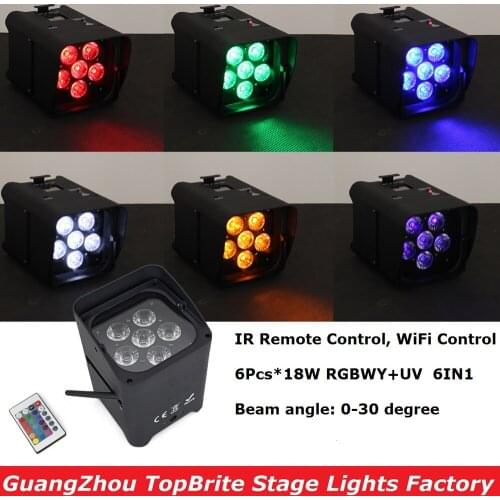 1Pcs/Lot Discount Price 6X18W 6IN1 RGBWY-UV LED Wireless DMX Battery Powered Effect Light With IR Remote Control Fast Shipping