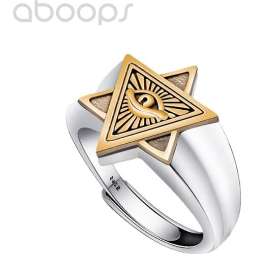 925 Sterling Silver Ring with Star of David and Triangle Eye for Men Women,Adjustable Size 8-10.5,Free Shipping