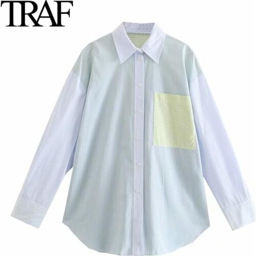 Traf Za Women New 2021 Spring and Autumn Long Sleeve Blouses Korean Fashion Button Up Oversize Stripe Shirts Ladies Tops Mujer