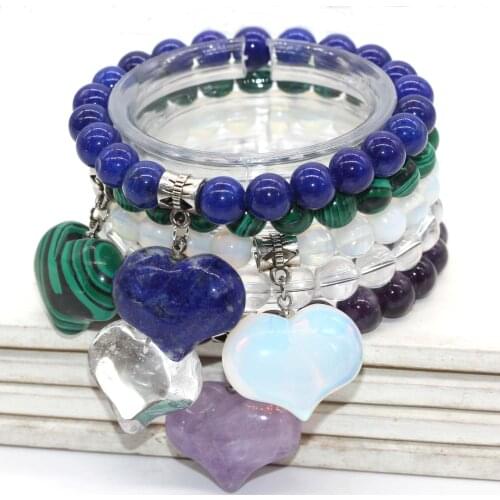 Kraft-beads Silver Plated Cute Heart Malachite Stone With 8 mm Round Beads Bracelet Opalite Opal Jewelry