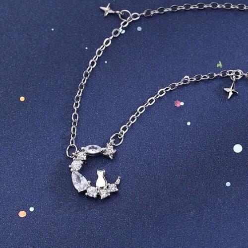 Luckydays Sweet Cat Moon Cubic Zircon Jewelry Necklace For Women Crescent Clavicle Chain Pendant Necklaces
