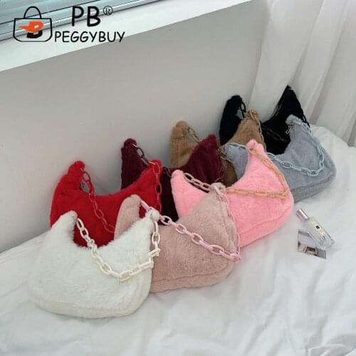 Fashion Women Soft Plush Shoulder Underarm Hobos Bag Autumn Winter Solid Color Acrylic Chain Handbags Portable Travel Zip Purse