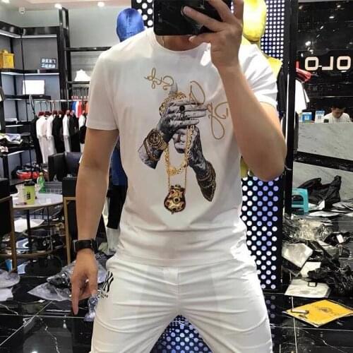Best selling fashion new personality slim short sleeve printing rhinestones short sleeve T-shirt designer casual mens bottoming