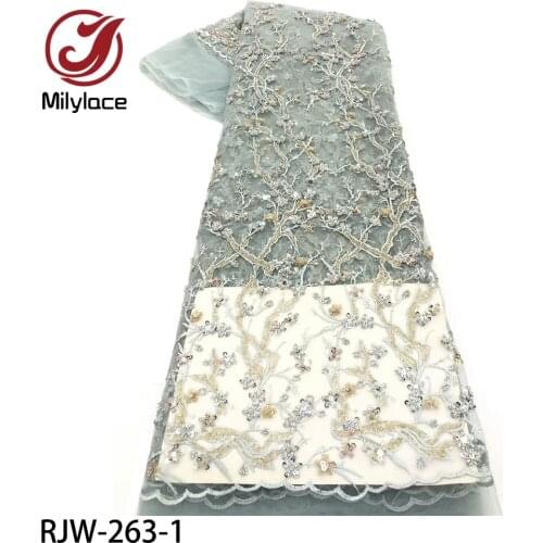 2020 New African Lace Fabric High Quality French Nigerian Beads Embroidered Tulle Lace Fabric with Sequins for Wedding RJW-263