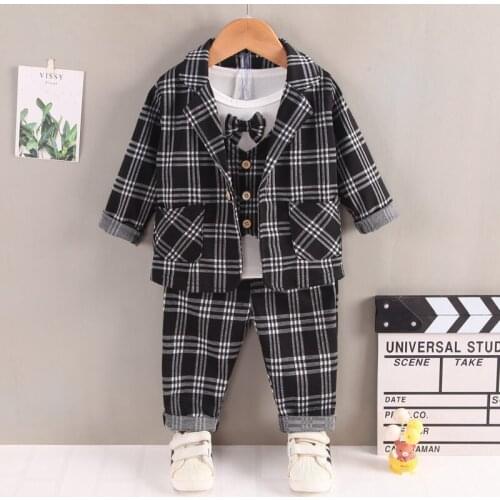 New Spring Children Kids bow suits Formal Cotton Gentleman Casual Boys suit T-Shirt Pants 3pcs/sets Infant Suit Party Clothes
