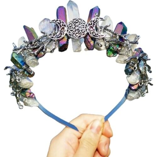 Rainbow Contrast Color Plating Raw Crystal Headband Antique Silver Branches Moon Hair Hoop Crown Wedding Tiara Headpiece