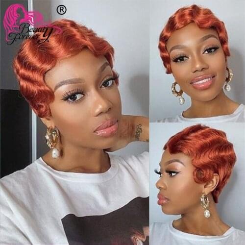 Beauty Forever Short Wavy Bob Wig Pixie Cut Orange Ginger Color Wig Brazilian Remy Hair Full Machine Made Human Hair Wigs