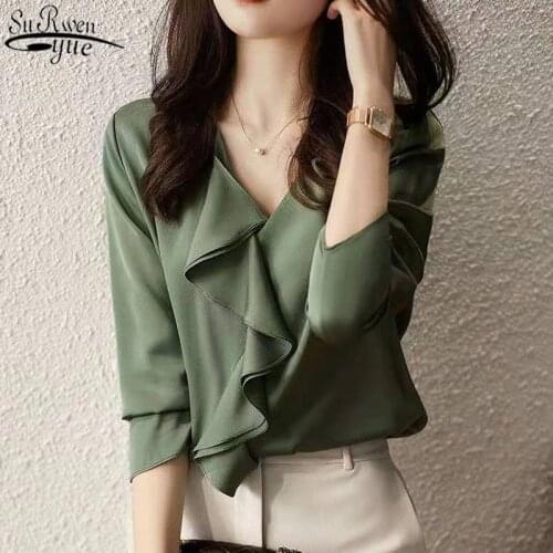 Ruffle V-neck Shirt 2021 Summer New Korean Style Long Sleeve Womens Shirt Wild Satin Silk Shirt Chiffon Top Female 13876