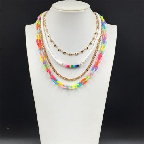 Super Bright Colorful Acrylic Chain Link Gold Color Plating Heart Strand Rainbow Polymer Clay Layered Necklace For Women Jewelry
