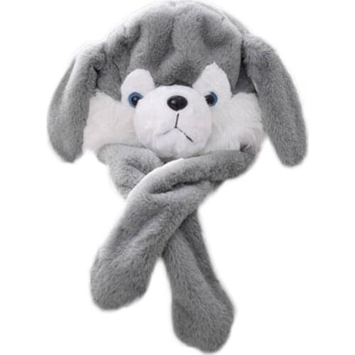 Light Up Husky Plush Animal Hat with Moving Ears LED Glowing Stuffed Earflap Cap F3MD