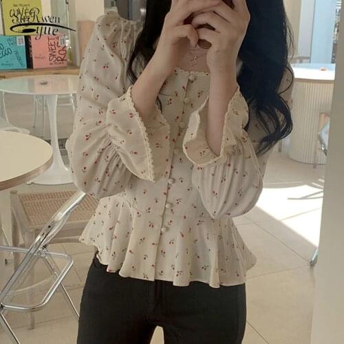 Vintage Floral Chiffon Blousesblusas Mujer De Moda 2020 Korean All Match Slim Street Wear Cute Long Sleeve Shirts Women 10111