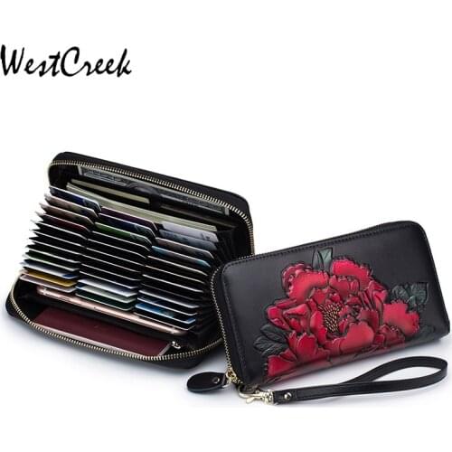 WESTCREEK Brand RFID Women Hand Painted Peony Long Wallets Lady Cow Leather Card Holder Passport Coin Pocket Wrist Strap Clutch
