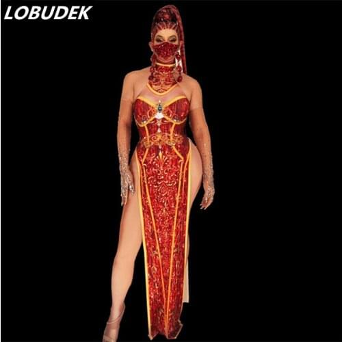 Women Singer Stage Red Dresses Chinese Style Vintage Cheongsam Printed Rhinestones Slit Halter Long Dress Party Show DS Costume