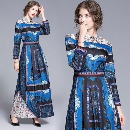 New Spring Summer Fall Runway Vintage Floral Print Collar Long Sleeve Women Ladies Party Casual A-Line Maxi Beach Luxury Dress