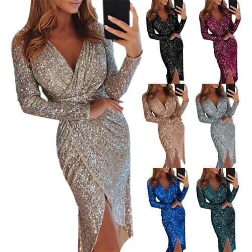 50% Hot Sales Evening Party Sexy Women Sequined V Neck Long Sleeve Split Midi Pencil Dress