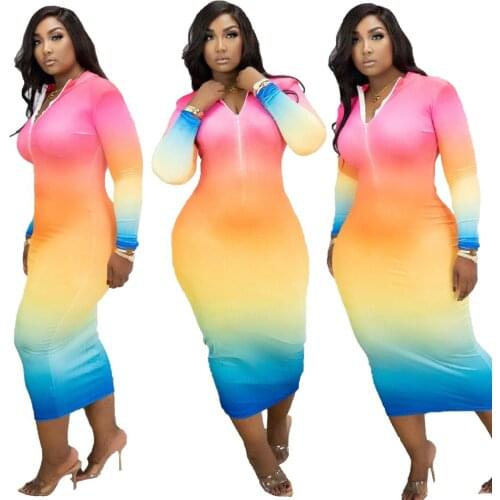 1L194 Sprint Autumn Women Casual Fashion Gradient Print Sexy Skinny Long Sleeve Dress Vestidos Plus Size Hot