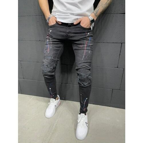3 Style Mens Ripped Jeans Male Trendy Casual Skinny Hole Jeans Paint Dot Splash Ink Design Slim Print Denim Pants M-3XL