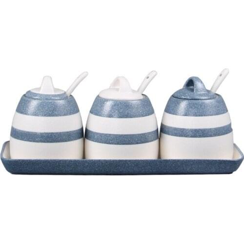 300ml Art Simple Storage Tank Set Ceramic Seasoning Chicken Essence Salt Pepper with Tray Spoon Kitchen Solid Seasoning Bottle