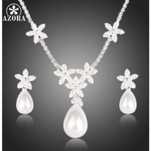 AZORA Flower Design Clear CZ With Water Drop Pearl Earrings and Pendant Necklace Jewelry Sets TG0134