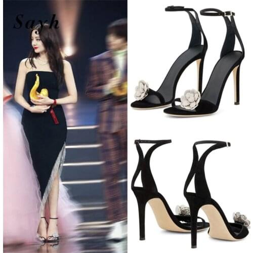 Fashion Brand Women Summer Sandals Stilettos Thin High Heels Peep Toe Pumps Shiny Rinestones Ankle Strap Party Dress Shoes