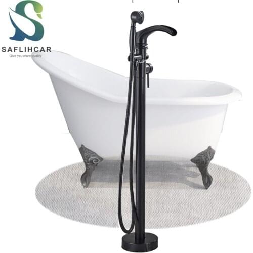 SAFLIHCAR Black Bathroom Bathtub Faucet Floor Mounted Shower Set Waterfall Spout Freestanding Tub Hot Cold Mixer