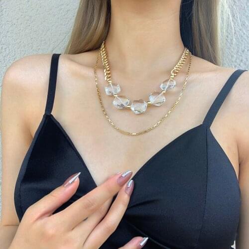 Lifefontier Double Layer Metal Chain Geometric Resin Pendant Necklace for Women Punk Gold Color Chunky Chain Necklace Jewelry