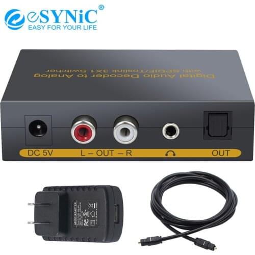 ESYNiC DAC Digital to Analog Audio Converter 3 Port Optical SPDIF Toslink to L/R RCA 3.5mm Stereo Audio with Optical Switcher