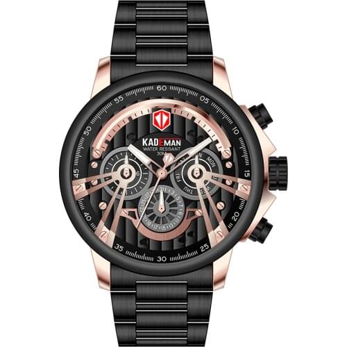Kademan Fashion Large Dial Three Eye Six Needle Sports Waterproof Steel Band Watch Multi Function Quartz Watch Mens Watch