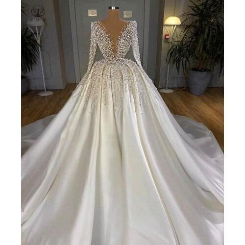 Classic Wedding Dresses Illussion O Neck Beaded Stones Heavily Long Sleeve Pleated Ball Gown Vestidos De Novias