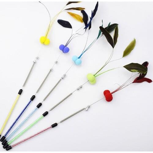 Legendog Colorful Cat Stick Toy Funny Spring Plush Ball Kitten Feather Wand Toy Cat Ribbon Play Wand With Bell Cat Accessories