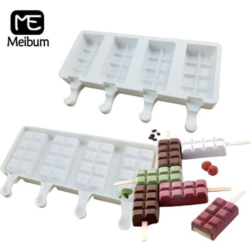 Meibum 4 Cavity Ice Cream Molds Wooden Popsicle Sticks Silicone Moulds Juice Milk Cube Tray Childs Cold Drink Dessert Tools