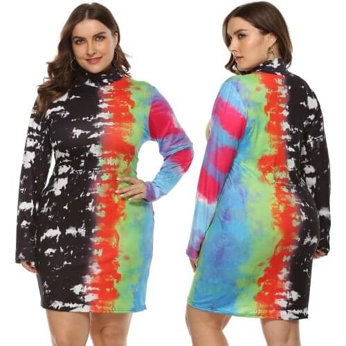 Trendy Large Size Womens Irregular Color Inkjet Print Half-High Collar Slim Dress