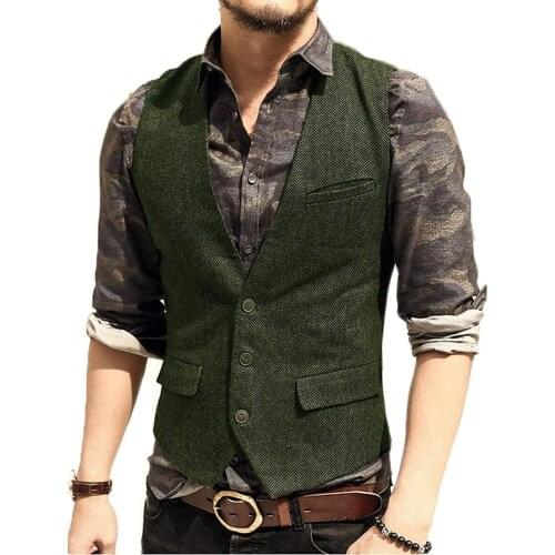 Top Quality Mens Suit Vest V Neck Wool Herringbone Tweed Casual Waistcoat Formal Business Vest Groomman For Green/Black/Brown
