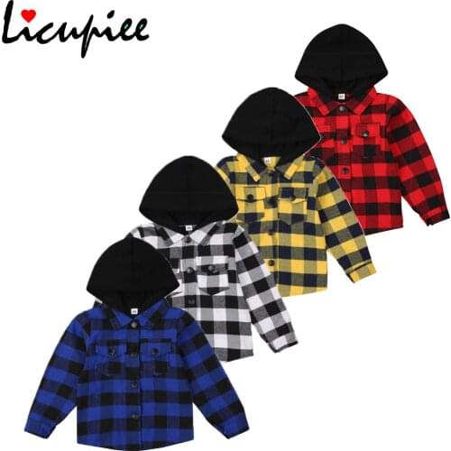 Autumn Hooded Sweatshirts Infant Plaid Pattern Coat, Baby Long Sleeve Single-breasted Hoodie with Flap Pockets 1-4 Years