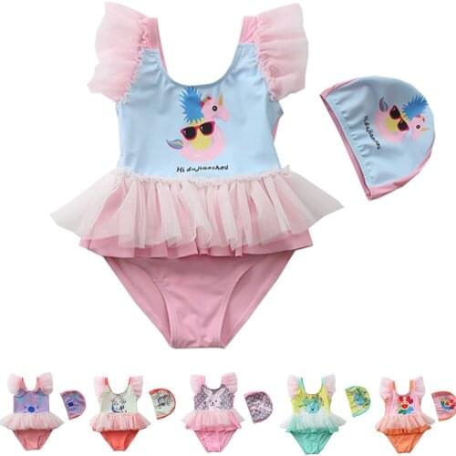 1~9Y Toddler Baby Girls Swimwear New 2021 swimsuit for girls Lace style Baby Swimming Dress Kids Swimwear Swimming suit with cap