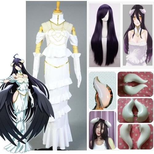 HOT Overlord Albedo Cosplay White Dress Sexy Mermaid Dress for Women Summer Skirt Adult Clothing Cosplay Costume+ Horns + Wig