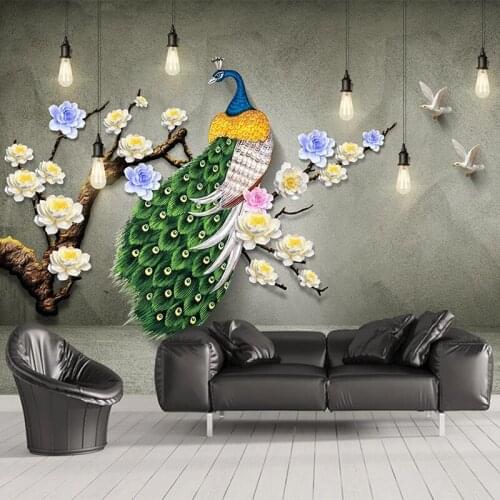 Custom Mural Chandelier 3D Stereoscopic Green Peacock Wall Decoration Painting Living Room Sofa Restaurant Home Decor Wallpaper