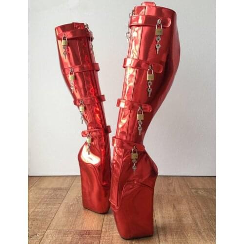 Plus Size Ballet Boots Metallic Red Buckle Straps Ballet Heels 10 Locks Wedge Intersex Boots Fetish Gothic Boots For Ladies