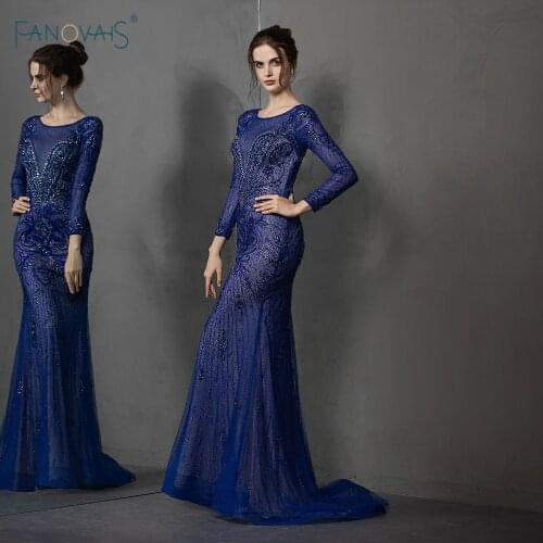 Luxury Mermaid Evening Dress Long Sleeves O Neck Crystal Beaded Formal Evening Gown Prom Dress 2019 Vestido de Fiesta NE78