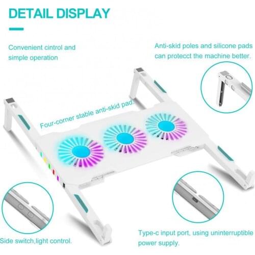 Laptop foldable radiator, portable RGB gaming cooling pad with 3 high-speed silent fans, supporting laptops up to 22 inches